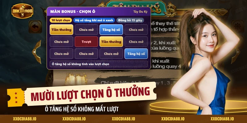 Màn chọn ô thưởng của nổ hũ Tây Du Ký với ô tiền thưởng, ô trượt và ô tăng hệ số