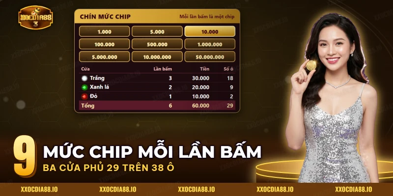 Chín mức chip của Sun Rồng Xocdia88 và ba cửa màu đã đặt tiền trong một vòng