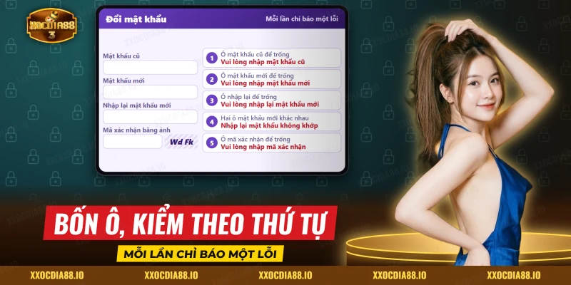 Màn đổi mật khẩu có ô mật khẩu cũ, mật khẩu mới và mã xác nhận
