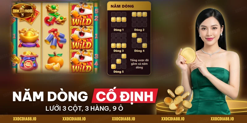 Lưới ba cột ba hàng của Fortune Tiger với năm dòng thắng cố định