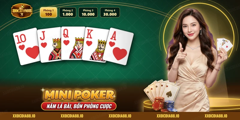 Mini Poker Xocdia88 với năm lá bài tây xếp thành một tổ hợp poker