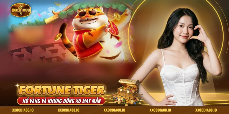 Nổ hũ Fortune Tiger Xocdia88 với chú hổ vàng đeo kính, đồng xu và cổng ngói
