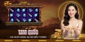 Nổ hũ Tam Quốc Xocdia88 với các biểu tượng mũ giáp, kiếm, giày chiến và ngọc bội trên lưới quay