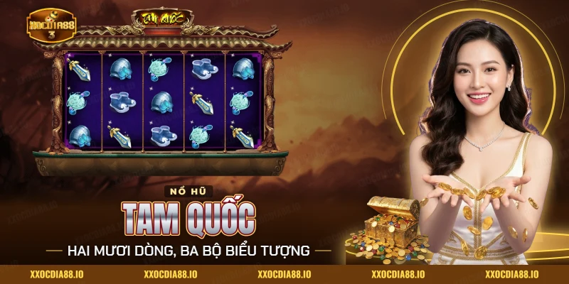 Nổ hũ Tam Quốc Xocdia88 với các biểu tượng mũ giáp, kiếm, giày chiến và ngọc bội trên lưới quay