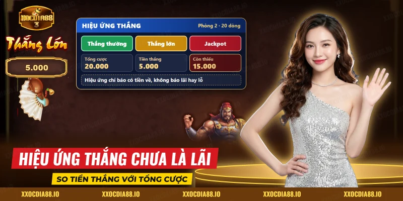 Bảng hiệu ứng thắng gồm thắng thường, thắng lớn, jackpot cùng tổng cược, tiền thắng và phần còn thiếu