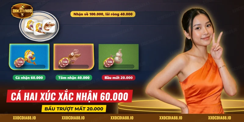 Thắng thua bầu cua với ba xúc xắc Cá, Cá, Tôm và kết quả nhận hay mất ở ba cửa đã đặt chip