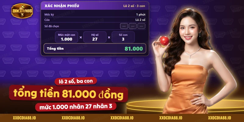 Màn xác nhận phiếu lô đề siêu tốc với cửa, số đã chọn và tổng tiền