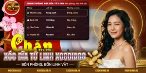 Xóc đĩa Tứ Linh Xocdia88 với bát úp trên đĩa và bảng chọn bốn phòng theo bốn linh vật